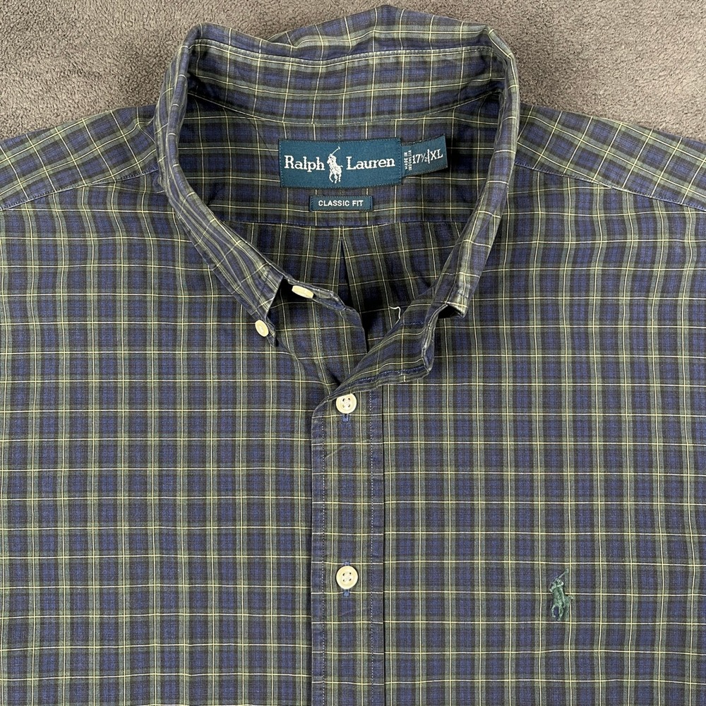 Ralph Lauren Shirt Mens XL Blue Green Plaid Classic Fit Long Sleeve Button Down
